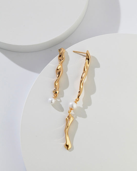 18K Gold Plated Vermeil Asymmetrical Linear Pearl Earrings