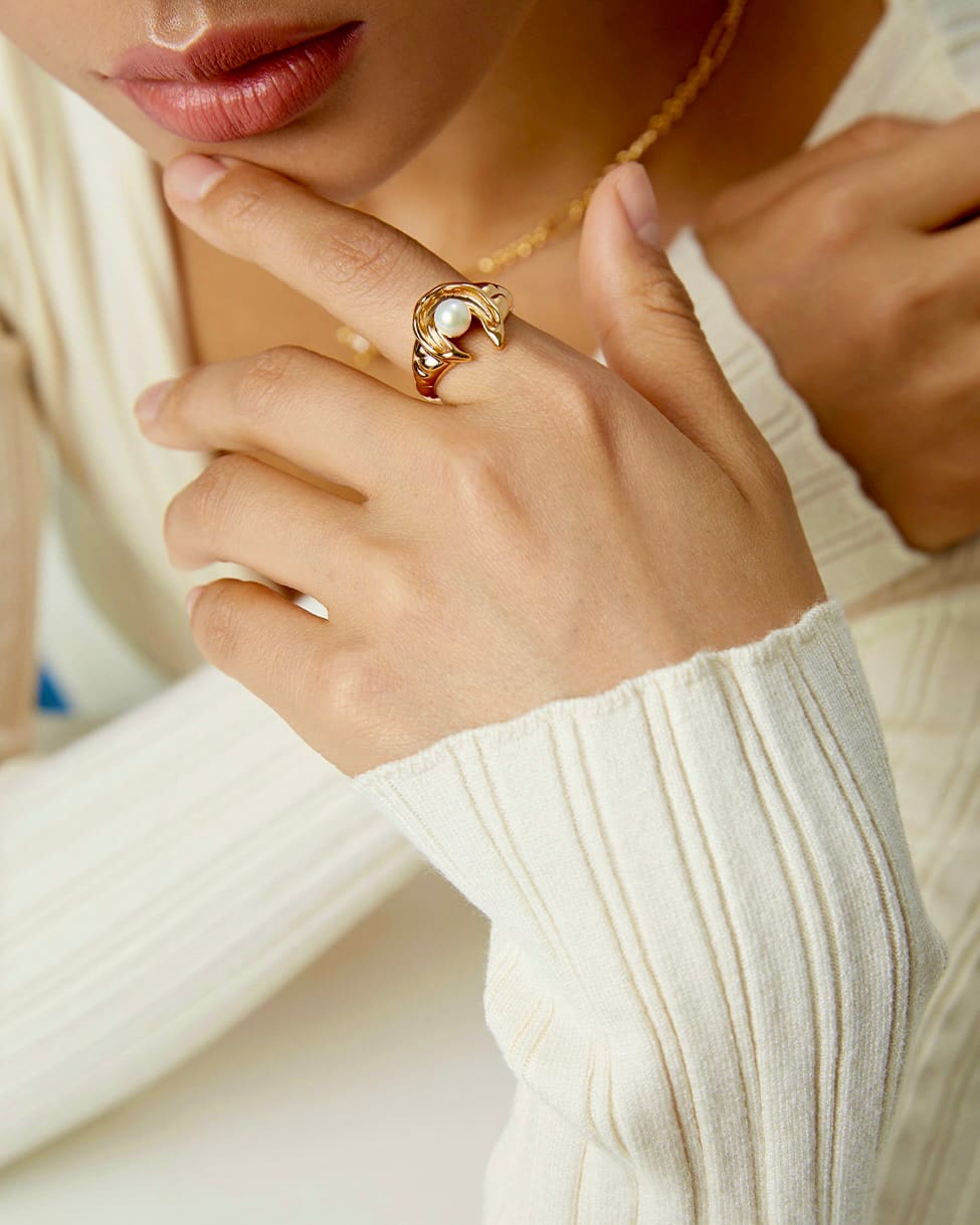 18K Gold Plated Vermeil Star and Moon Pearl Ring