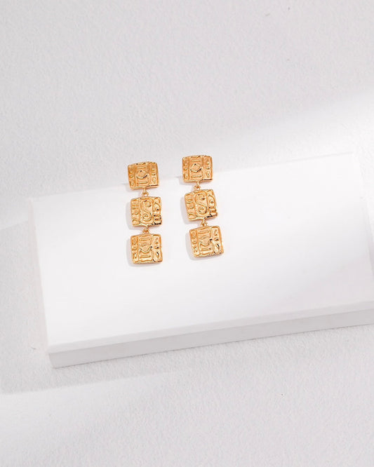 18K Gold Plated Vermeil Square Coins Dropping Earrings